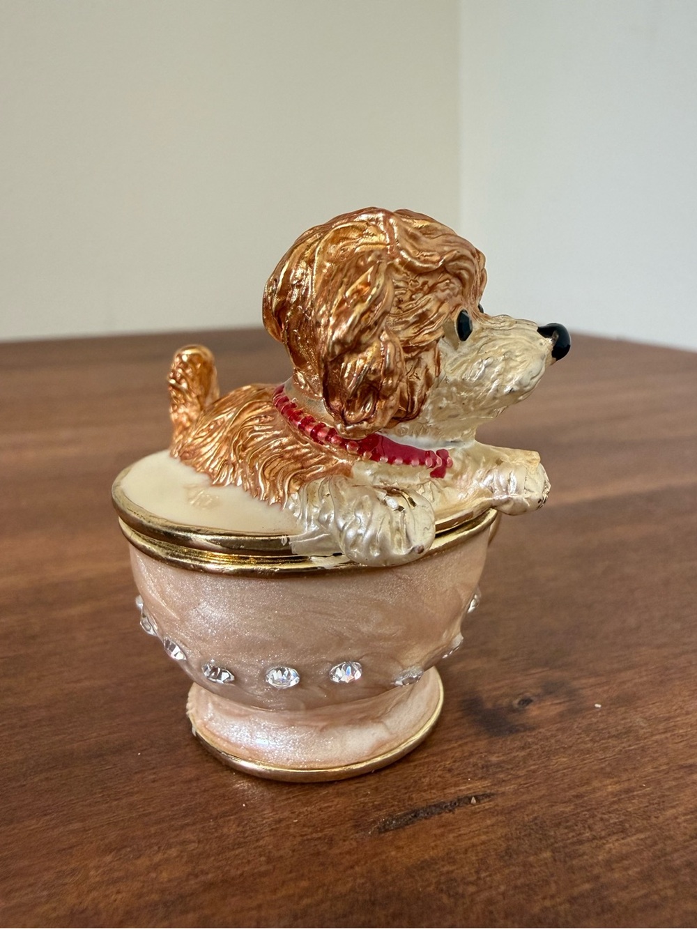 Gold and Cream Puppy on a Teacup Jewelry Trinket Box with Rhinestones Accents - Picture 3 of 12